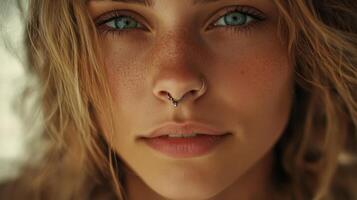 Captivating Close-Up of a Young Woman With Freckles and a Septum Piercing During Daylight Outdoors photo