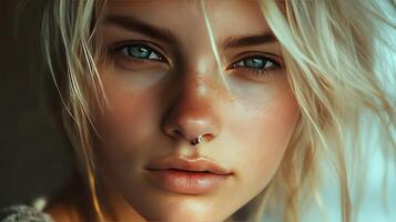 Captivating Close-Up of a Young Individual With Light Hair and Piercing in Natural Light photo