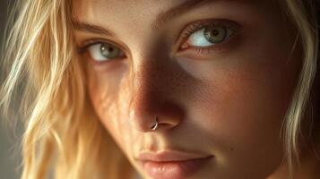 Captivating Close-Up of a Young Woman With Striking Eyes and Natural Makeup in Soft Lighting photo