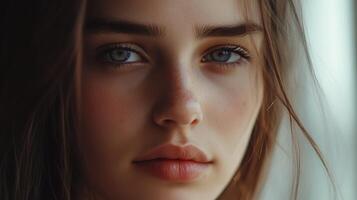 A Close-Up of a Young Woman With Striking Blue Eyes Sitting by a Window in Soft Natural Light photo