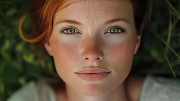 Close-Up Portrait of a Young Woman With Red Hair Relaxing on Green Grass in a Sunny Meadow During Late Afternoon photo