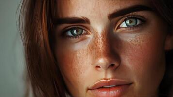 Close-Up Portrait of a Young Woman With Striking Green Eyes and Freckles in Soft Natural Light photo