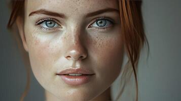 Young Woman With Freckles and Blue Eyes Posing Thoughtfully Against a Neutral Background photo