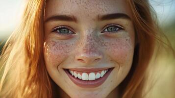 Young Woman With Freckles Smiling Radiantly in a Sunlit Field During Golden Hour photo