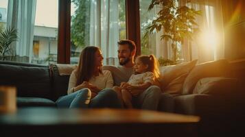 Happy Family Enjoying Quality Time Together at Home During a Warm Sunset photo