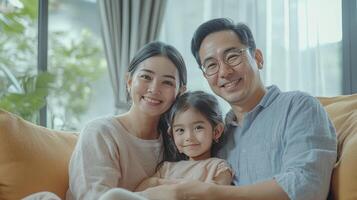 Happy Family of Three Smiling Together in Cozy Living Room During Late Afternoon photo