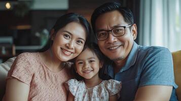 A Happy Family Smiling Together in Their Cozy Living Room During Early Evening Hours photo