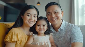 Family Portrait of a Smiling Couple and Their Young Daughter in a Cozy Living Room Setting photo