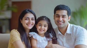 Happy Family of Three Smiling Together in a Cozy Living Room at Home photo