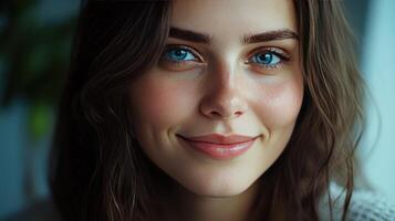 Young Woman With Beautiful Blue Eyes Smiling in Natural Light Indoors During Daytime photo