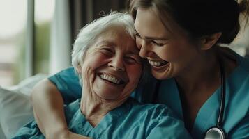 A nurse shares a heartwarming smile with a joyful elderly patient photo
