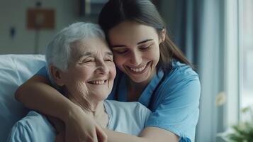 A caregiver embraces an elderly woman with joy and warmth in a cozy room photo