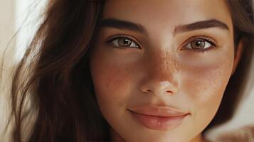 A young woman with freckles smiles warmly, illuminated by soft morning sunlight photo