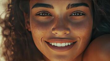 A young woman beams with joy, embracing the warmth of the sun photo