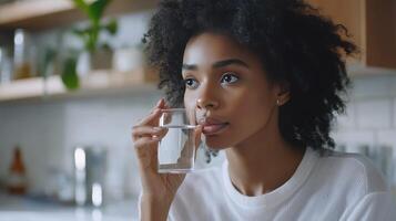 A woman pauses, thoughtfully sipping water in a serene kitchen setting photo