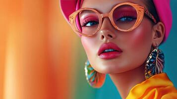 A fashion-forward model showcases vivid makeup and stylish accessories photo