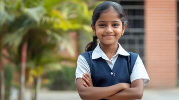 A cheerful girl stands proudly with arms crossed under sunny skies photo