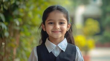 A young girl beams with joy against a lush green backdrop photo