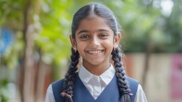 A joyful girl with braided hair beams with happiness amidst a lush green backdrop photo