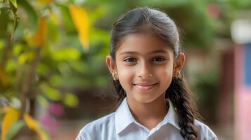 A cheerful girl with a braid enjoys the lush surroundings at school photo