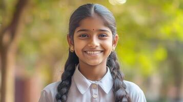 A happy young girl beams with joy amidst beautiful greenery photo