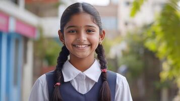 A cheerful girl poses with a warm smile outside her school setting photo