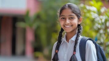 A cheerful girl in school attire enjoys a sunny day outdoors photo