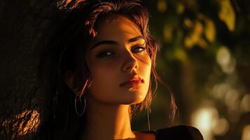 A serene moment as soft sunlight highlights her contemplative expression photo