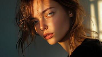 A young woman stares thoughtfully, illuminated by soft morning sunlight photo
