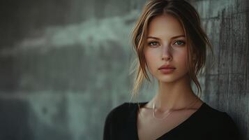 A young woman gazes confidently with soft lighting enhancing her features photo