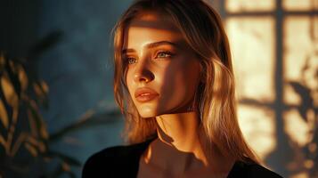 Soft sunlight casts intricate shadows on a woman's serene expression photo