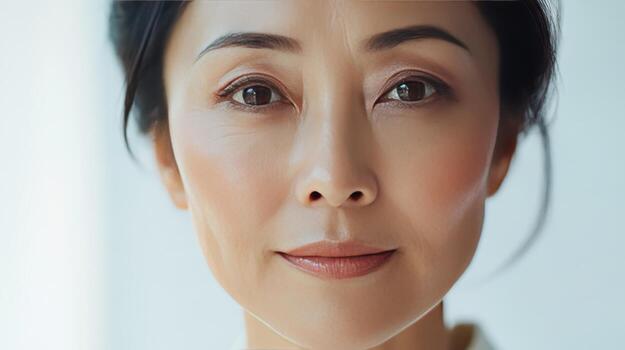 A woman gazes thoughtfully with a serene and warm expression photo