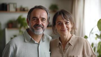 A joyful couple shares a heartfelt moment in a cozy living space photo