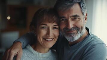A joyful couple shares a warm hug, their smiles radiating love and contentment photo