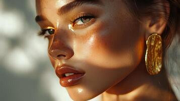 A woman gazes thoughtfully, sunlight enhancing her radiant features photo