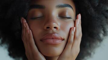 A woman enjoys a moment of peace, connecting with her inner self in soft light photo