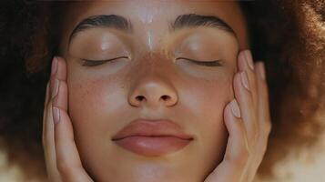 A woman practices relaxation by gently cradling her face, promoting self-care photo