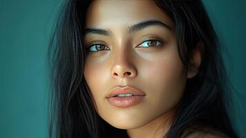 A young woman gazes intently with natural elegance and soft lighting enhancing her features photo