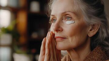 A woman practices self-care, applying cream on her face with a thoughtful expression photo