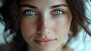 A mesmerizing young woman gazes with striking blue eyes and a gentle smile photo