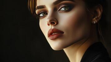 A woman gazes thoughtfully, her makeup accentuating her features beautifully photo