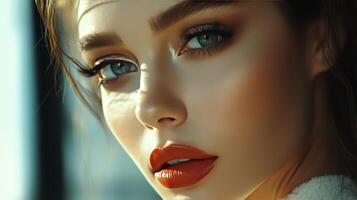 A striking model gazes captivatingly while illuminated by soft sunlight photo