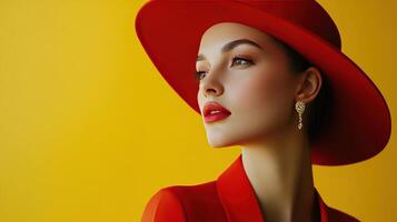 A fashion model showcases confidence and style with a striking red hat photo