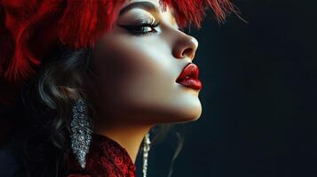 A striking portrayal of elegance featuring a woman adorned in vibrant red clothing photo