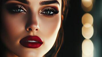 A woman showcases glamorous makeup with captivating eyes and rich red lips photo
