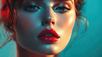 A model showcases a striking beauty look with vibrant lip color and glowing skin photo