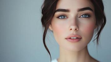 A young woman gazes thoughtfully with captivating blue eyes and a gentle smile photo