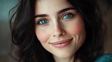 A woman expresses joy with a warm smile and bright blue eyes photo