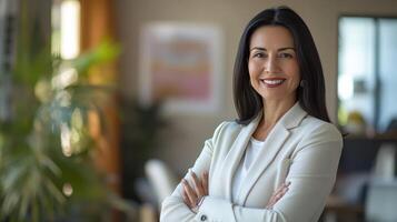 A confident woman stands with arms crossed, smiling in a contemporary workspace photo