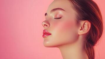 A serene moment captures her graceful profile against a gentle pink hue photo